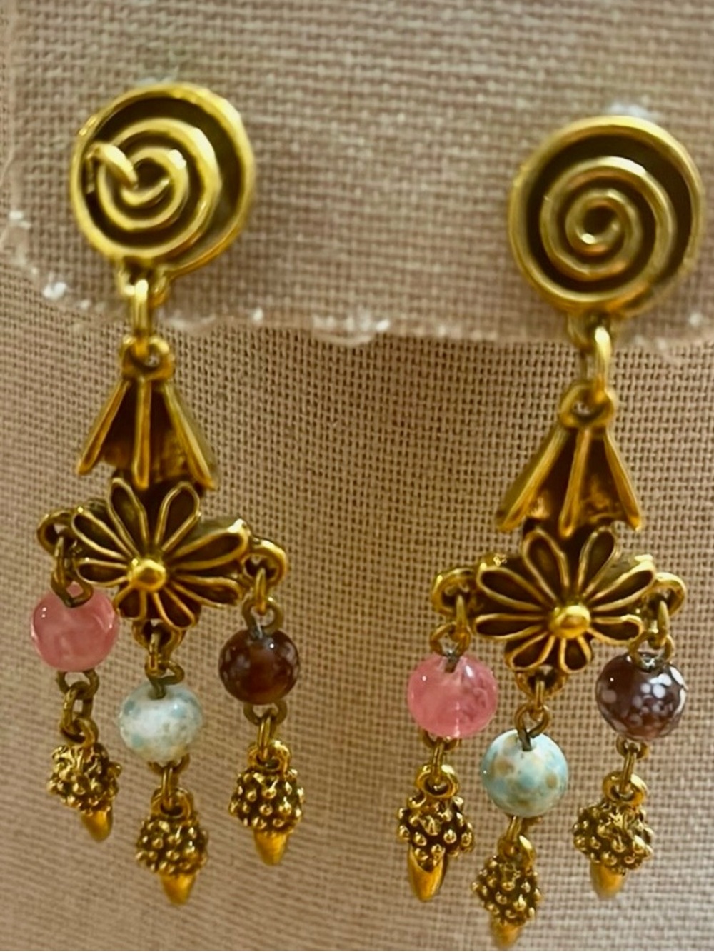 Vintage Goldette earrings with glass beads, screwback, Etruscan Revival